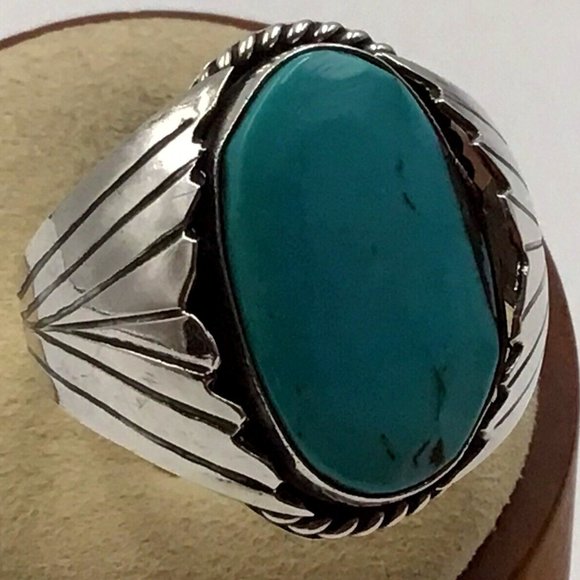 Mens Large Turquoise Ring Vintage Sterling Silver Size 10.25